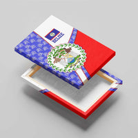 Belize Coat of Arms Canvas Wall Art with Palm Pattern and Split Red Blue Design