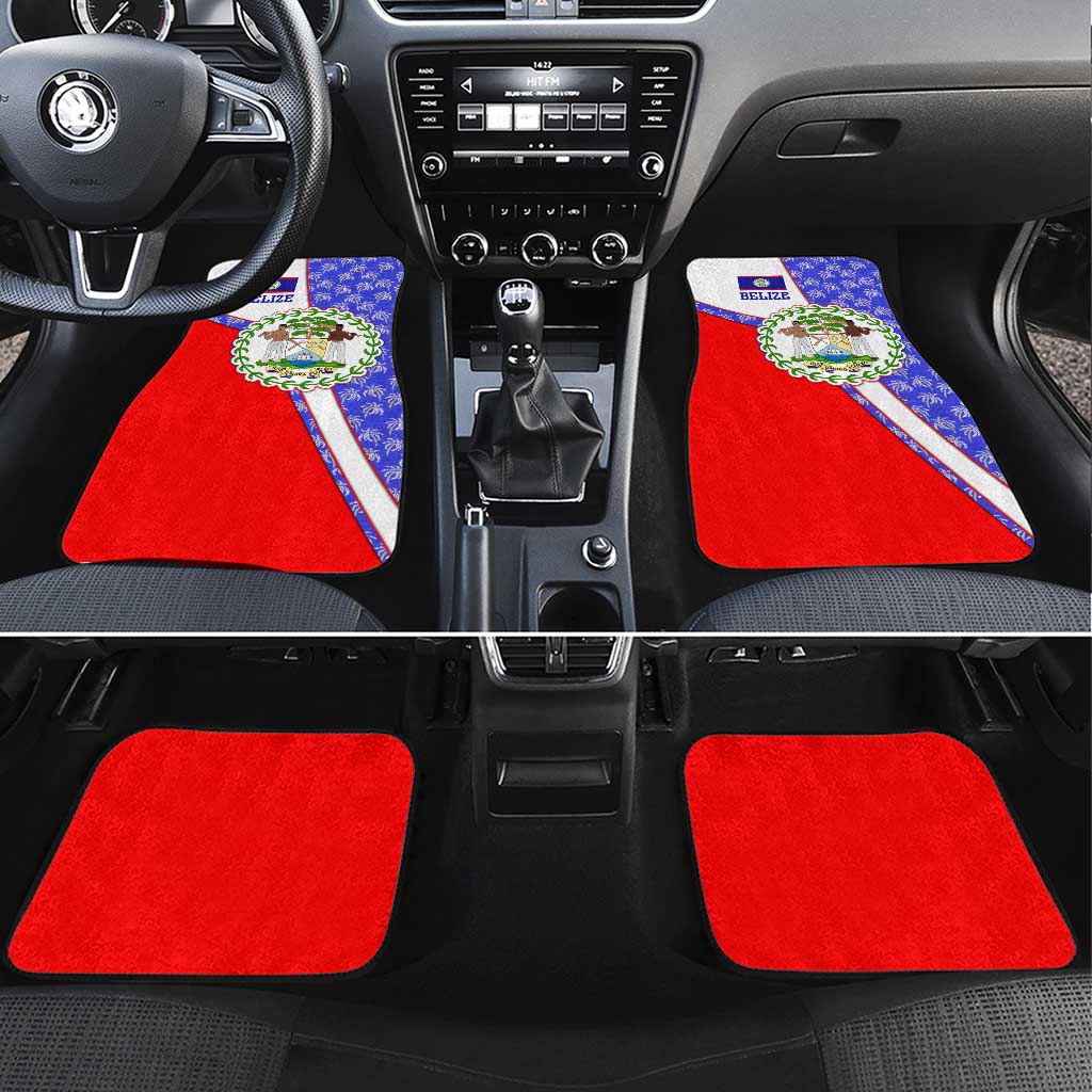 Belize Coat of Arms Car Mats with Palm Pattern and Split Red Blue Design