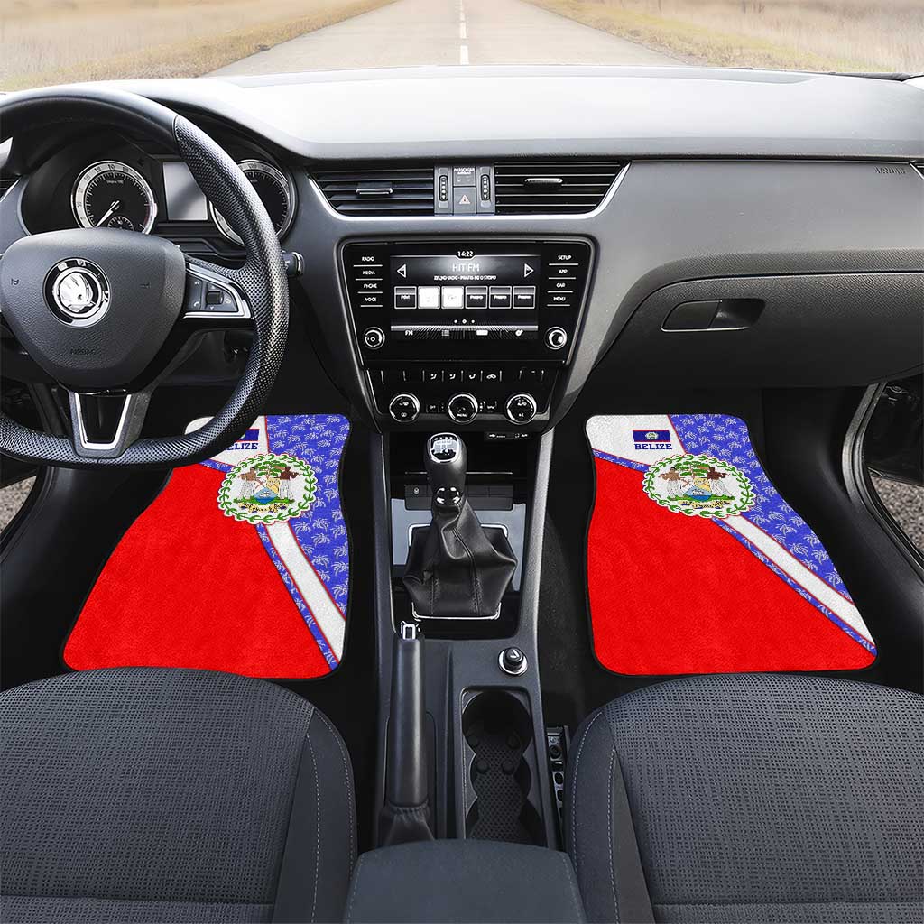 Belize Coat of Arms Car Mats with Palm Pattern and Split Red Blue Design