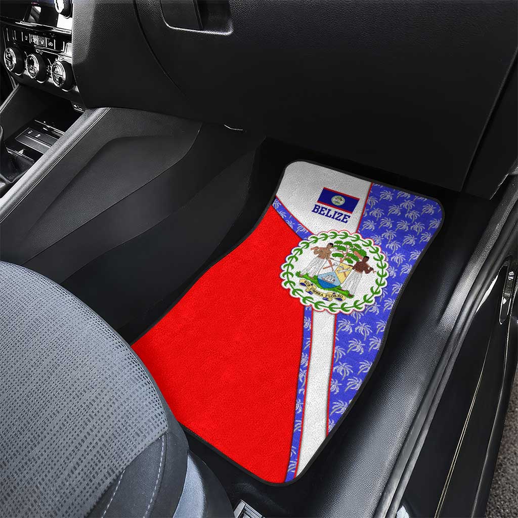 Belize Coat of Arms Car Mats with Palm Pattern and Split Red Blue Design