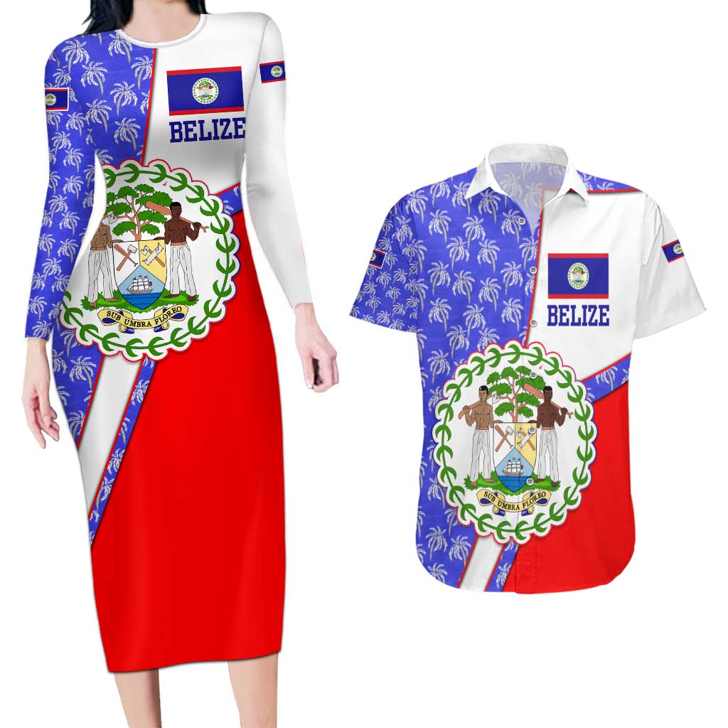 Belize Coat of Arms Couples Matching Long Sleeve Bodycon Dress and Hawaiian Shirt with Palm Pattern and Split Red Blue Design