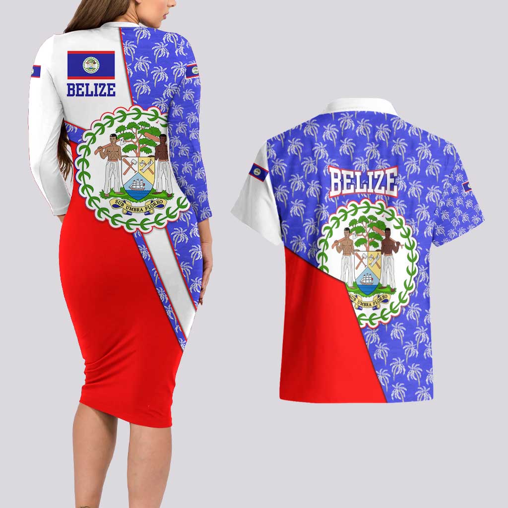 Belize Coat of Arms Couples Matching Long Sleeve Bodycon Dress and Hawaiian Shirt with Palm Pattern and Split Red Blue Design