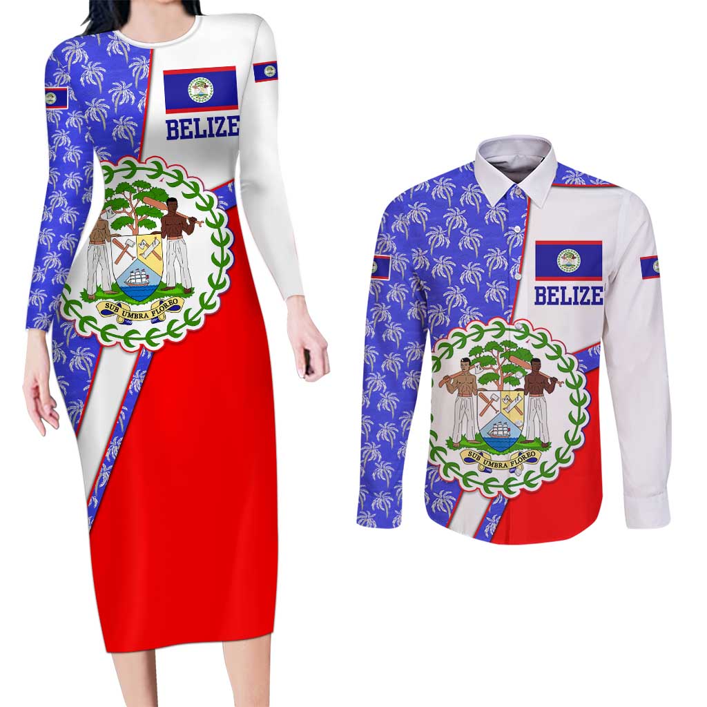 Belize Coat of Arms Couples Matching Long Sleeve Bodycon Dress and Long Sleeve Button Shirt with Palm Pattern and Split Red Blue Design