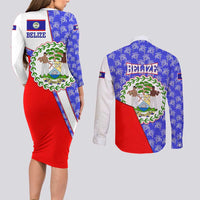 Belize Coat of Arms Couples Matching Long Sleeve Bodycon Dress and Long Sleeve Button Shirt with Palm Pattern and Split Red Blue Design