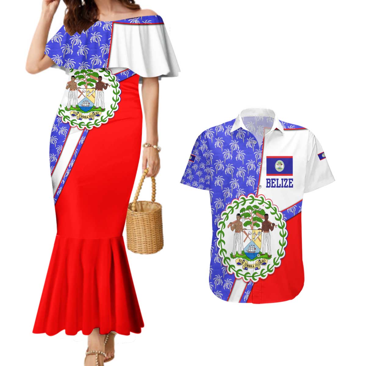 Belize Coat of Arms Couples Matching Mermaid Dress and Hawaiian Shirt with Palm Pattern and Split Red Blue Design