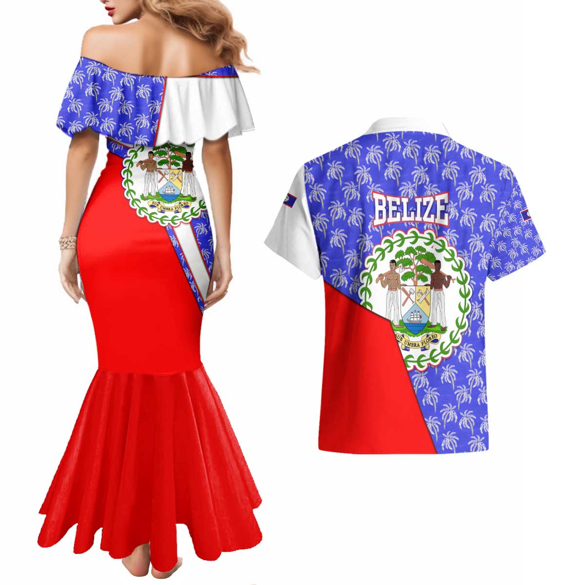 Belize Coat of Arms Couples Matching Mermaid Dress and Hawaiian Shirt with Palm Pattern and Split Red Blue Design