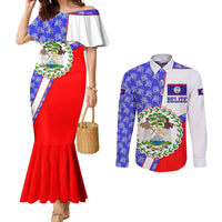Belize Coat of Arms Couples Matching Mermaid Dress and Long Sleeve Button Shirt with Palm Pattern and Split Red Blue Design