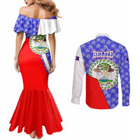Belize Coat of Arms Couples Matching Mermaid Dress and Long Sleeve Button Shirt with Palm Pattern and Split Red Blue Design