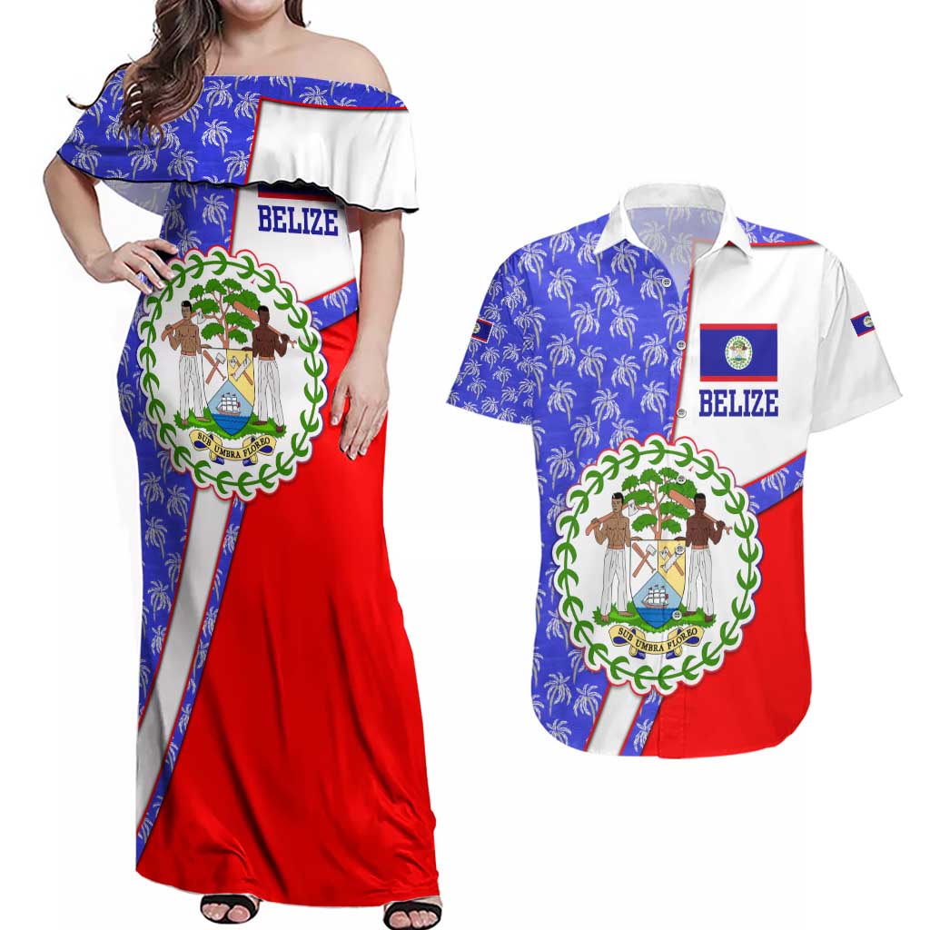 Belize Coat of Arms Couples Matching Off Shoulder Maxi Dress and Hawaiian Shirt with Palm Pattern and Split Red Blue Design