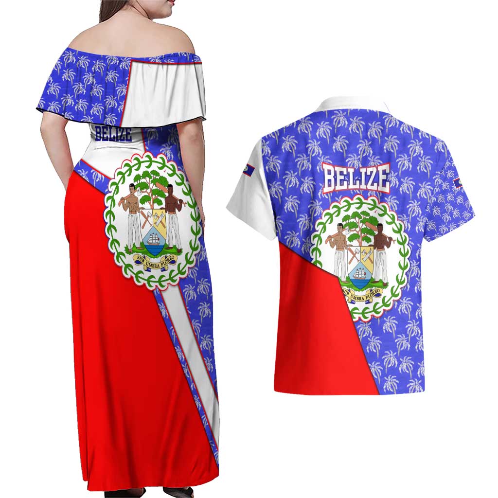 Belize Coat of Arms Couples Matching Off Shoulder Maxi Dress and Hawaiian Shirt with Palm Pattern and Split Red Blue Design