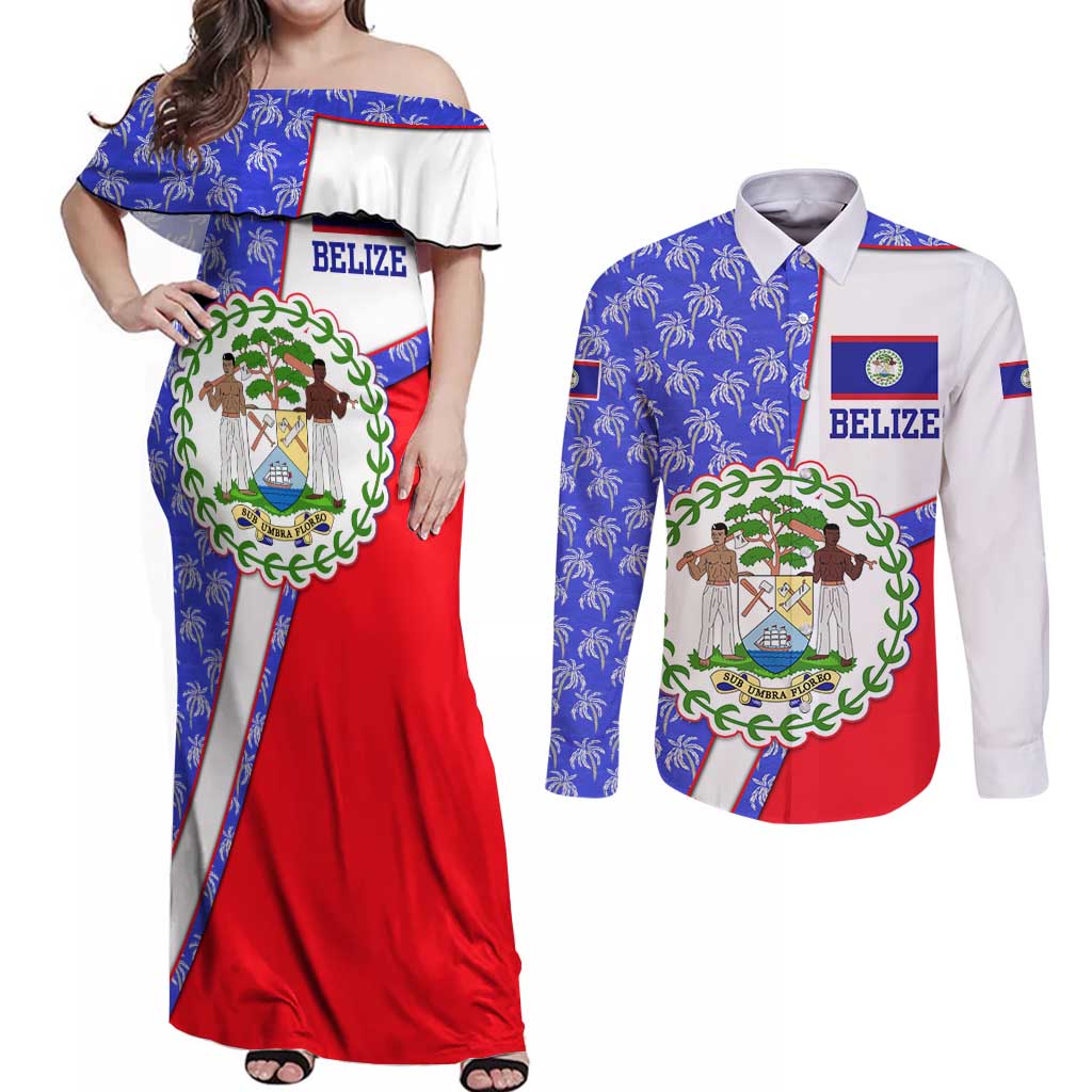 Belize Coat of Arms Couples Matching Off Shoulder Maxi Dress and Long Sleeve Button Shirt with Palm Pattern and Split Red Blue Design