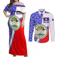 Belize Coat of Arms Couples Matching Off Shoulder Maxi Dress and Long Sleeve Button Shirt with Palm Pattern and Split Red Blue Design