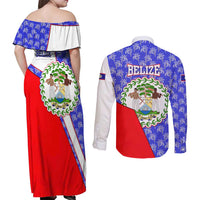 Belize Coat of Arms Couples Matching Off Shoulder Maxi Dress and Long Sleeve Button Shirt with Palm Pattern and Split Red Blue Design