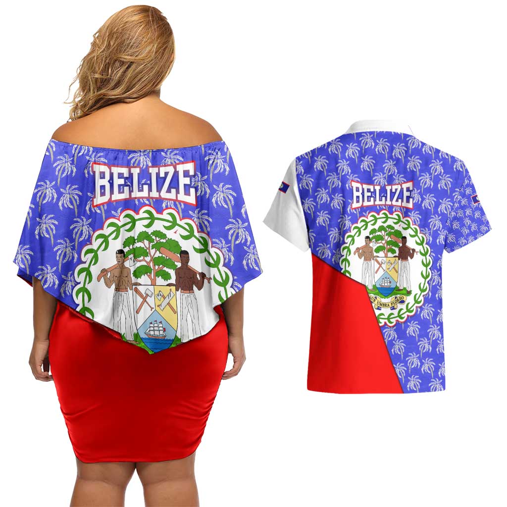 Belize Coat of Arms Couples Matching Off Shoulder Short Dress and Hawaiian Shirt with Palm Pattern and Split Red Blue Design