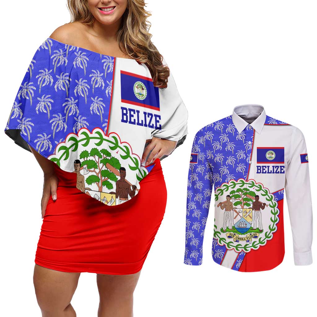 Belize Coat of Arms Couples Matching Off Shoulder Short Dress and Long Sleeve Button Shirt with Palm Pattern and Split Red Blue Design
