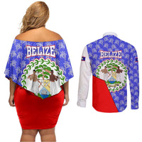 Belize Coat of Arms Couples Matching Off Shoulder Short Dress and Long Sleeve Button Shirt with Palm Pattern and Split Red Blue Design