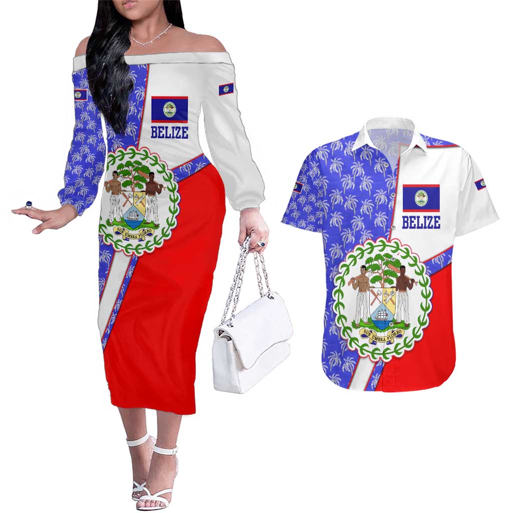 Belize Coat of Arms Couples Matching Off The Shoulder Long Sleeve Dress and Hawaiian Shirt with Palm Pattern and Split Red Blue Design