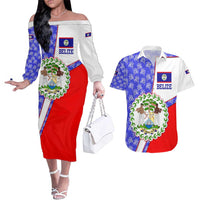Belize Coat of Arms Couples Matching Off The Shoulder Long Sleeve Dress and Hawaiian Shirt with Palm Pattern and Split Red Blue Design