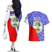 Belize Coat of Arms Couples Matching Off The Shoulder Long Sleeve Dress and Hawaiian Shirt with Palm Pattern and Split Red Blue Design