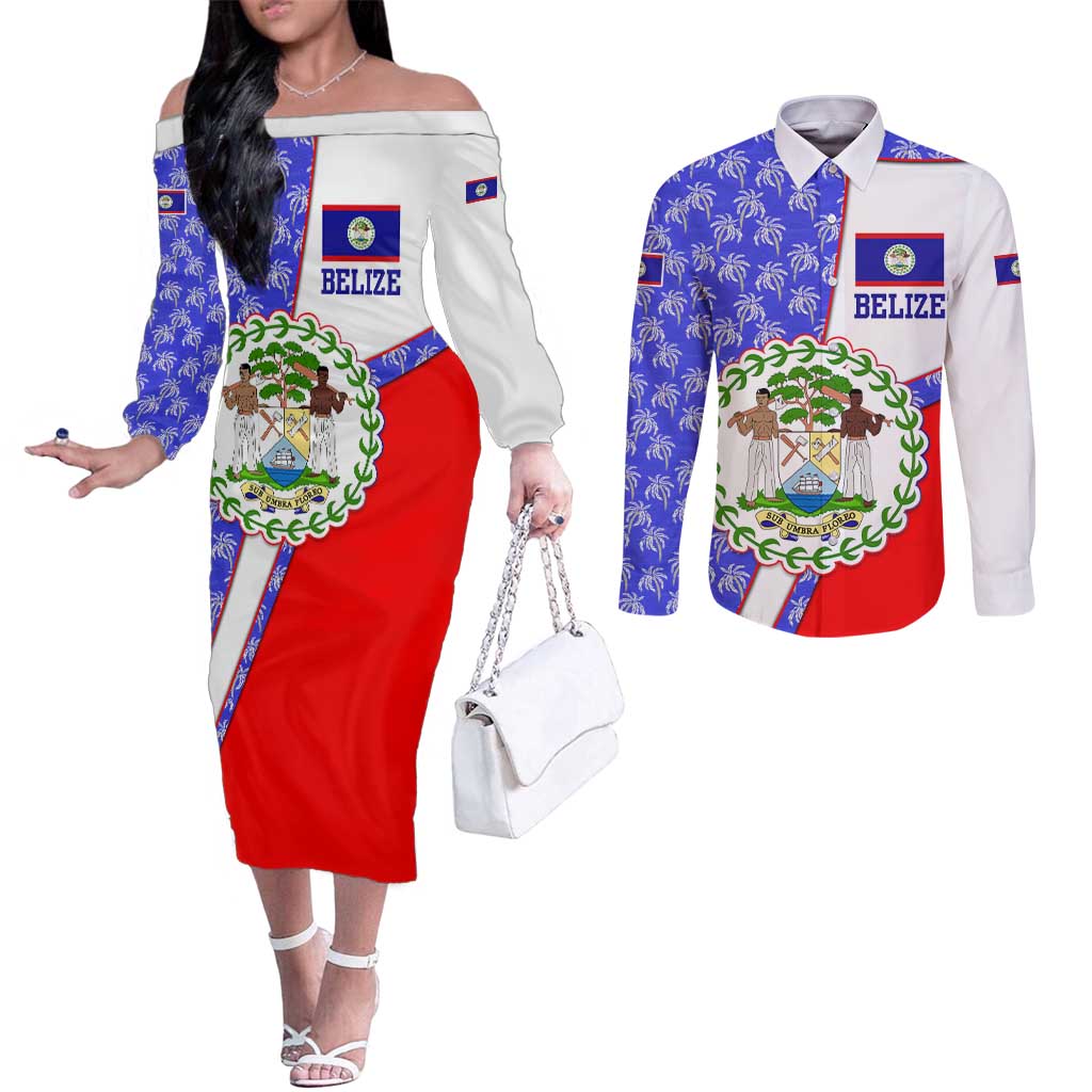 Belize Coat of Arms Couples Matching Off The Shoulder Long Sleeve Dress and Long Sleeve Button Shirt with Palm Pattern and Split Red Blue Design