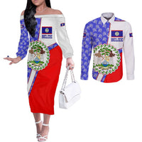 Belize Coat of Arms Couples Matching Off The Shoulder Long Sleeve Dress and Long Sleeve Button Shirt with Palm Pattern and Split Red Blue Design