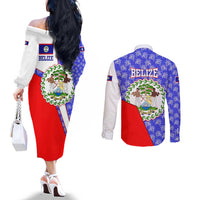 Belize Coat of Arms Couples Matching Off The Shoulder Long Sleeve Dress and Long Sleeve Button Shirt with Palm Pattern and Split Red Blue Design