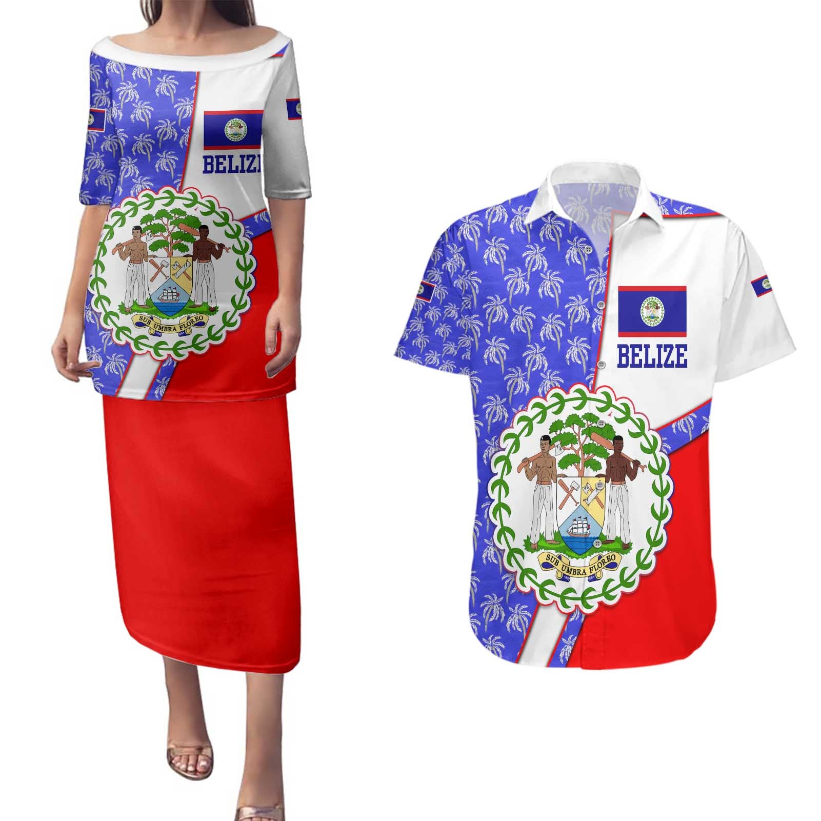 Belize Coat of Arms Couples Matching Puletasi and Hawaiian Shirt with Palm Pattern and Split Red Blue Design