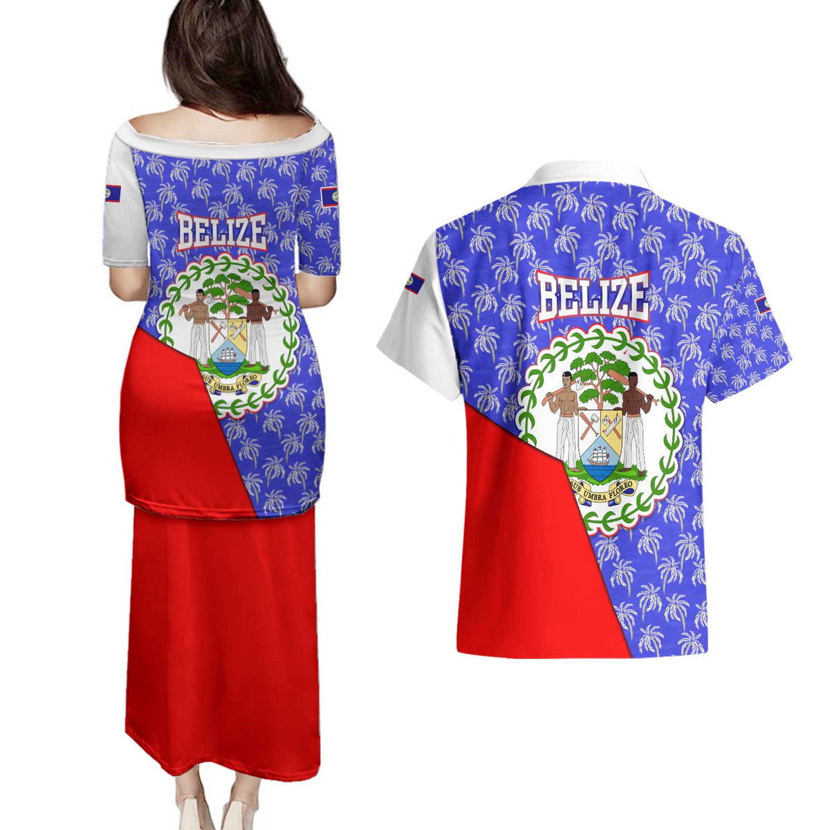Belize Coat of Arms Couples Matching Puletasi and Hawaiian Shirt with Palm Pattern and Split Red Blue Design