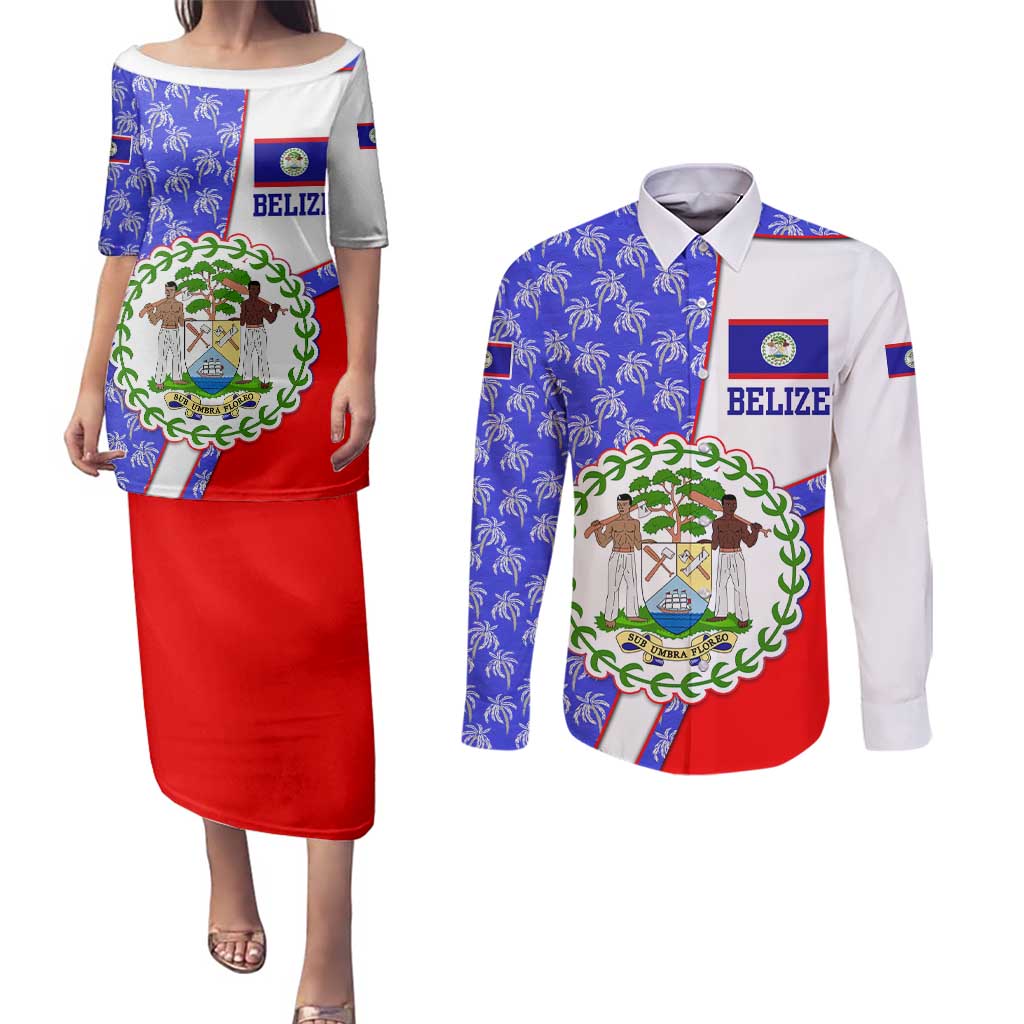 Belize Coat of Arms Couples Matching Puletasi and Long Sleeve Button Shirt with Palm Pattern and Split Red Blue Design
