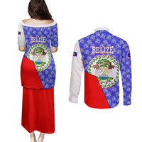 Belize Coat of Arms Couples Matching Puletasi and Long Sleeve Button Shirt with Palm Pattern and Split Red Blue Design