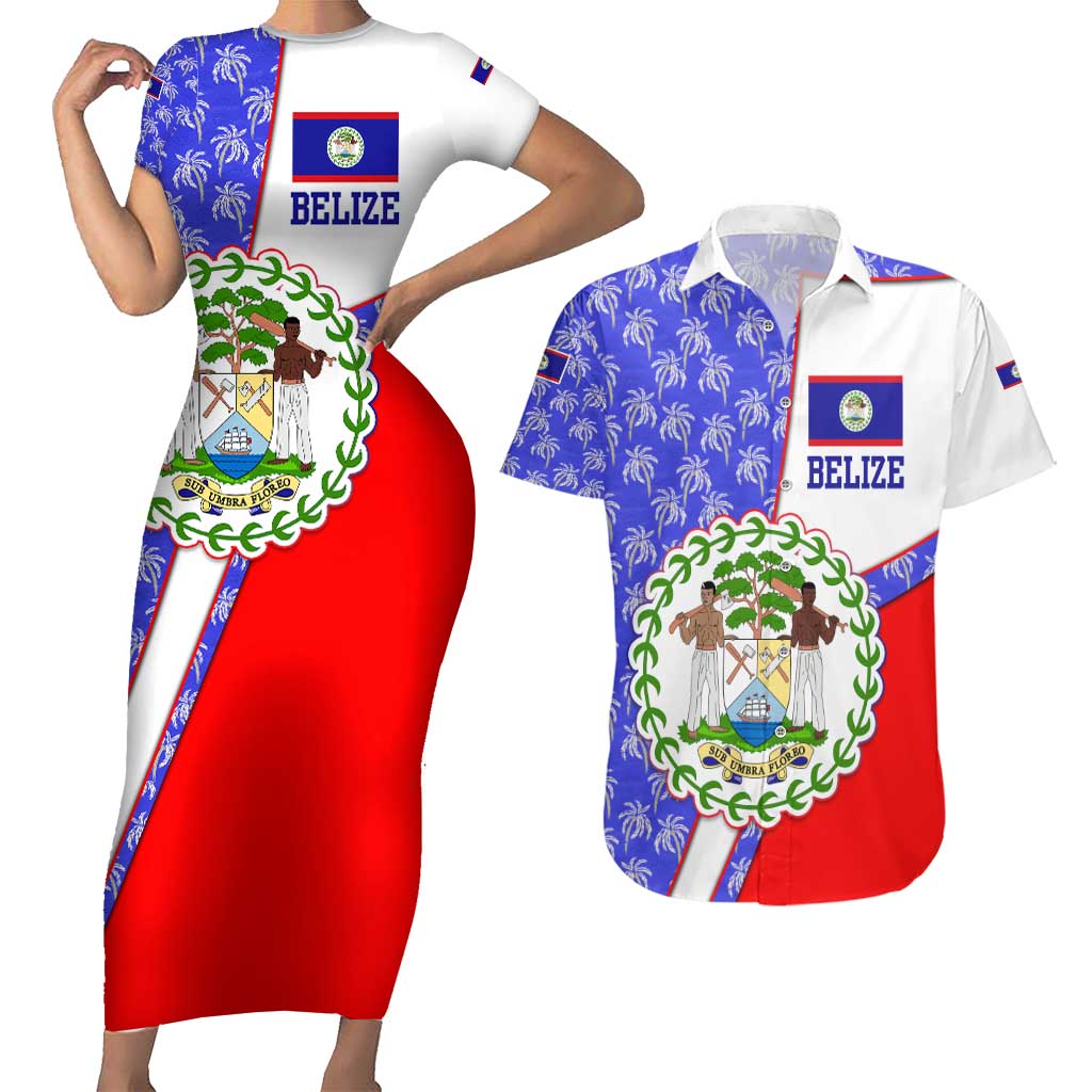 Belize Coat of Arms Couples Matching Short Sleeve Bodycon Dress and Hawaiian Shirt with Palm Pattern and Split Red Blue Design