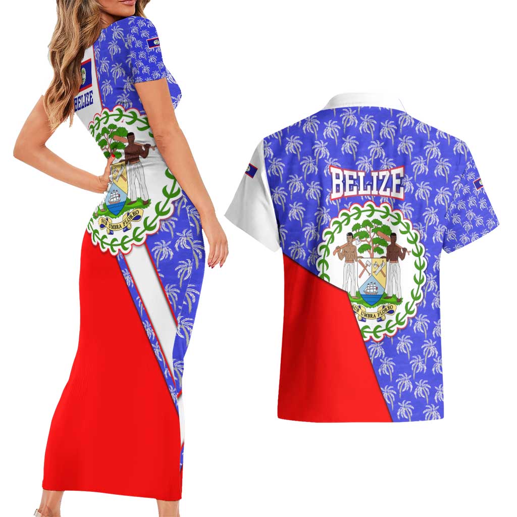 Belize Coat of Arms Couples Matching Short Sleeve Bodycon Dress and Hawaiian Shirt with Palm Pattern and Split Red Blue Design