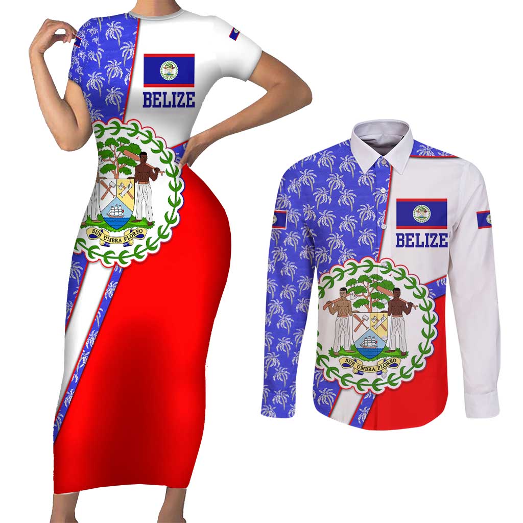 Belize Coat of Arms Couples Matching Short Sleeve Bodycon Dress and Long Sleeve Button Shirt with Palm Pattern and Split Red Blue Design