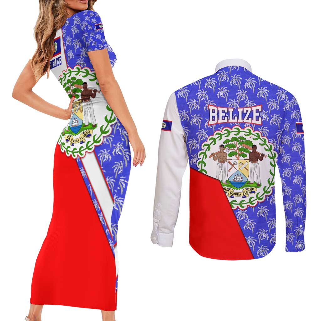 Belize Coat of Arms Couples Matching Short Sleeve Bodycon Dress and Long Sleeve Button Shirt with Palm Pattern and Split Red Blue Design