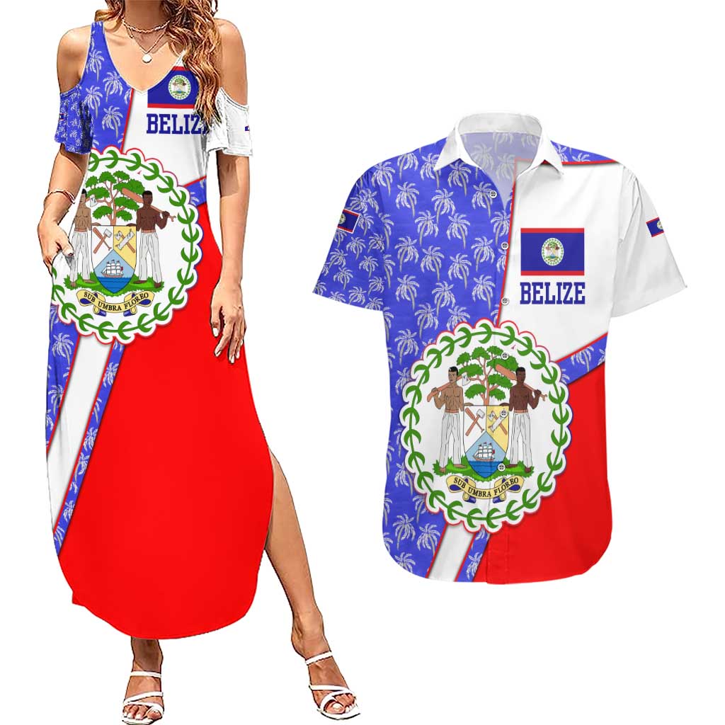 Belize Coat of Arms Couples Matching Summer Maxi Dress and Hawaiian Shirt with Palm Pattern and Split Red Blue Design