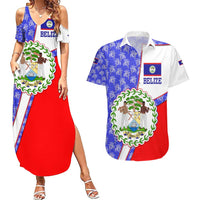 Belize Coat of Arms Couples Matching Summer Maxi Dress and Hawaiian Shirt with Palm Pattern and Split Red Blue Design