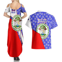 Belize Coat of Arms Couples Matching Summer Maxi Dress and Hawaiian Shirt with Palm Pattern and Split Red Blue Design