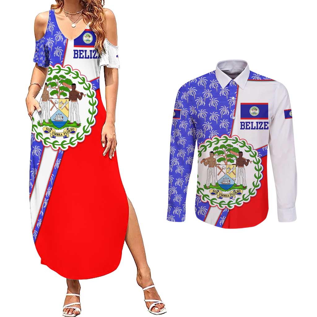 Belize Coat of Arms Couples Matching Summer Maxi Dress and Long Sleeve Button Shirt with Palm Pattern and Split Red Blue Design