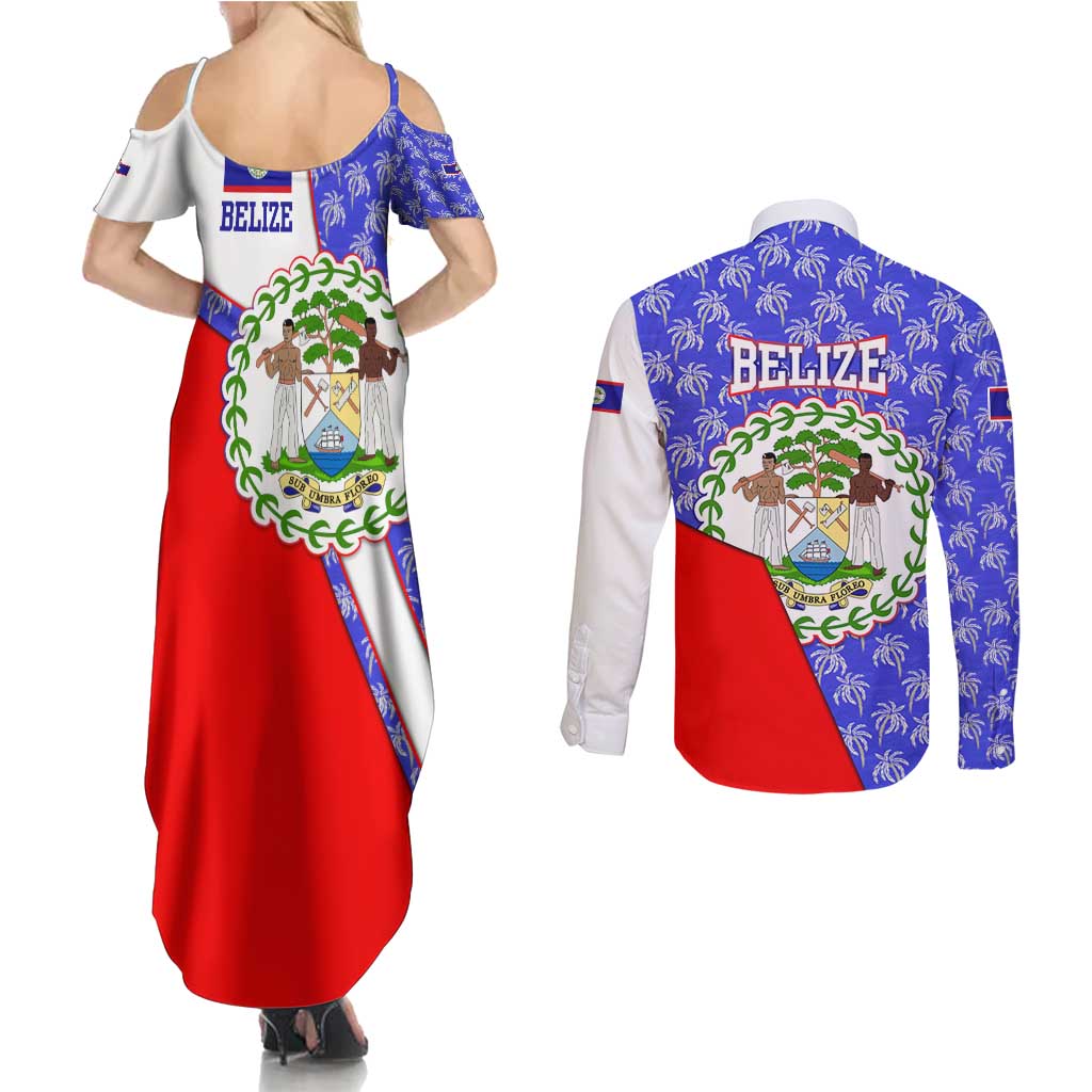 Belize Coat of Arms Couples Matching Summer Maxi Dress and Long Sleeve Button Shirt with Palm Pattern and Split Red Blue Design