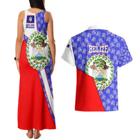 Belize Coat of Arms Couples Matching Tank Maxi Dress and Hawaiian Shirt with Palm Pattern and Split Red Blue Design