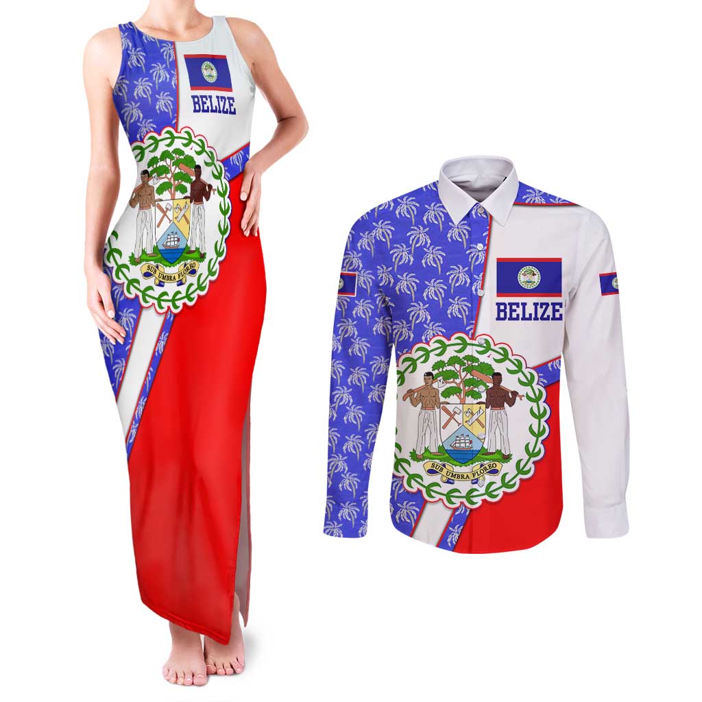 Belize Coat of Arms Couples Matching Tank Maxi Dress and Long Sleeve Button Shirt with Palm Pattern and Split Red Blue Design
