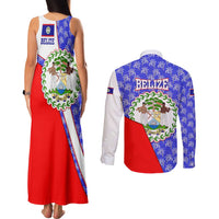 Belize Coat of Arms Couples Matching Tank Maxi Dress and Long Sleeve Button Shirt with Palm Pattern and Split Red Blue Design