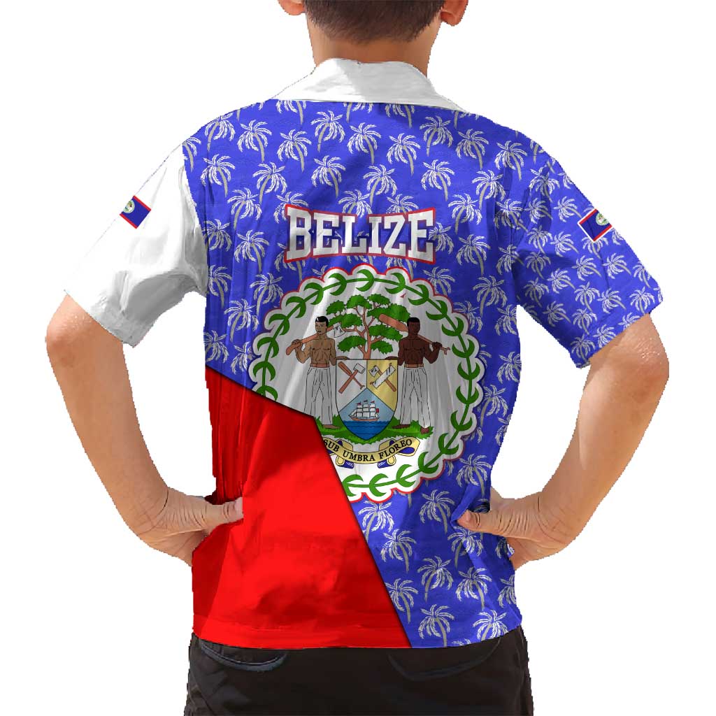 Belize Coat of Arms Family Matching Long Sleeve Bodycon Dress and Hawaiian Shirt with Palm Pattern and Split Red Blue Design