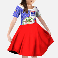 Belize Coat of Arms Family Matching Long Sleeve Bodycon Dress and Hawaiian Shirt with Palm Pattern and Split Red Blue Design