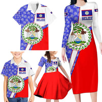 Belize Coat of Arms Family Matching Long Sleeve Bodycon Dress and Hawaiian Shirt with Palm Pattern and Split Red Blue Design