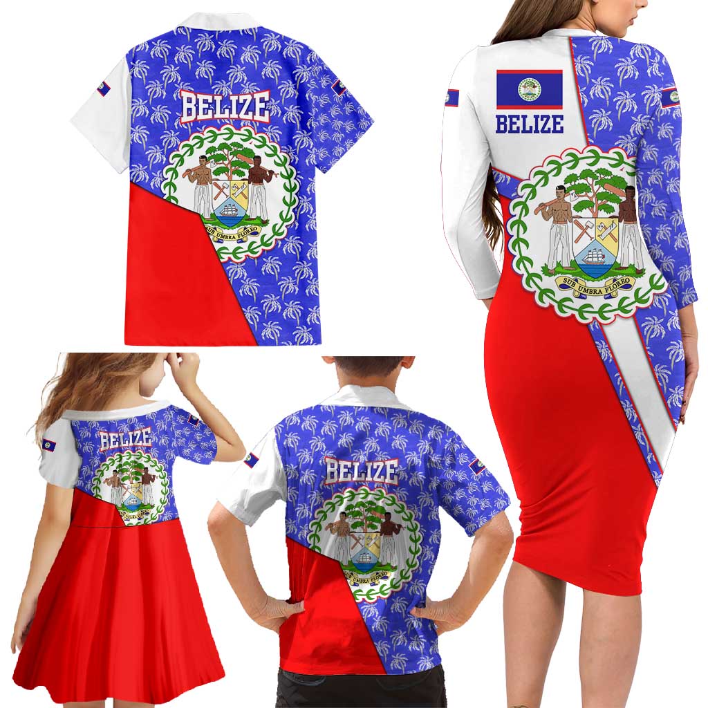 Belize Coat of Arms Family Matching Long Sleeve Bodycon Dress and Hawaiian Shirt with Palm Pattern and Split Red Blue Design