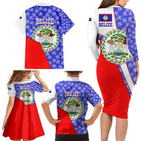 Belize Coat of Arms Family Matching Long Sleeve Bodycon Dress and Hawaiian Shirt with Palm Pattern and Split Red Blue Design