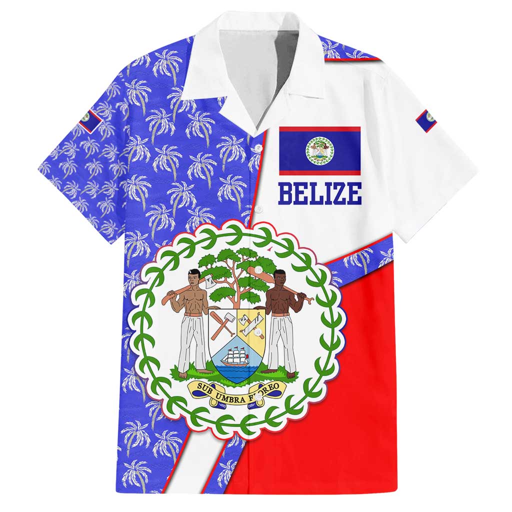 Belize Coat of Arms Family Matching Long Sleeve Bodycon Dress and Hawaiian Shirt with Palm Pattern and Split Red Blue Design