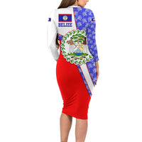 Belize Coat of Arms Family Matching Long Sleeve Bodycon Dress and Hawaiian Shirt with Palm Pattern and Split Red Blue Design