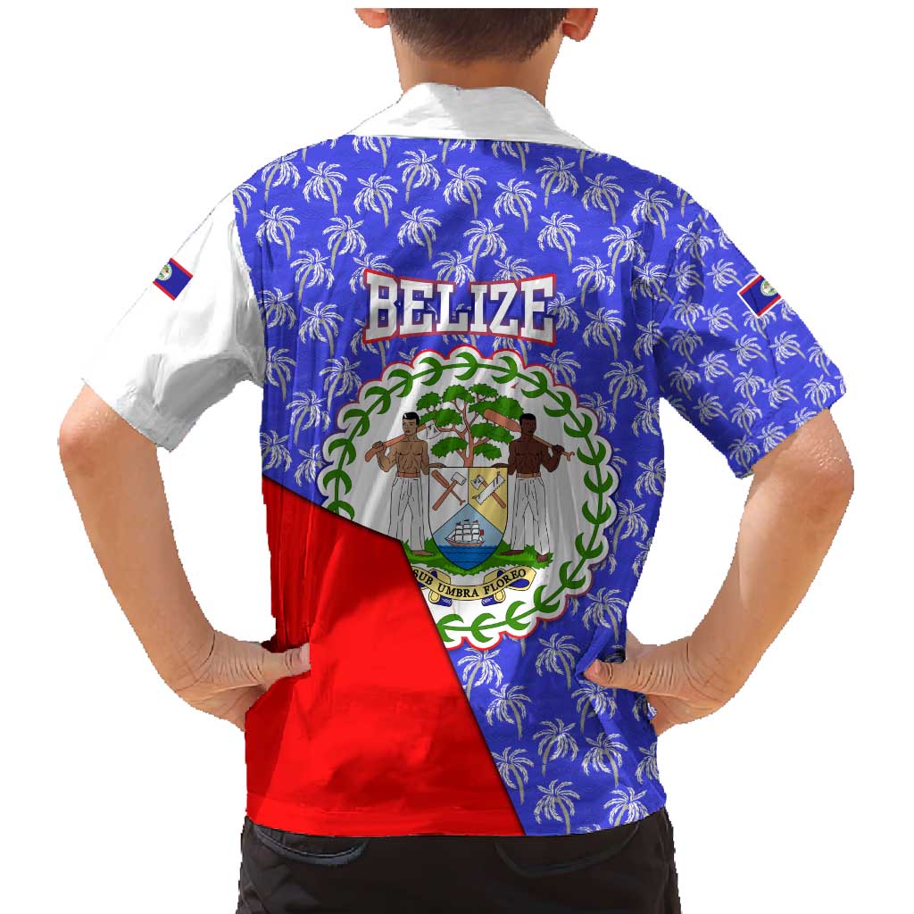 Belize Coat of Arms Family Matching Mermaid Dress and Hawaiian Shirt with Palm Pattern and Split Red Blue Design